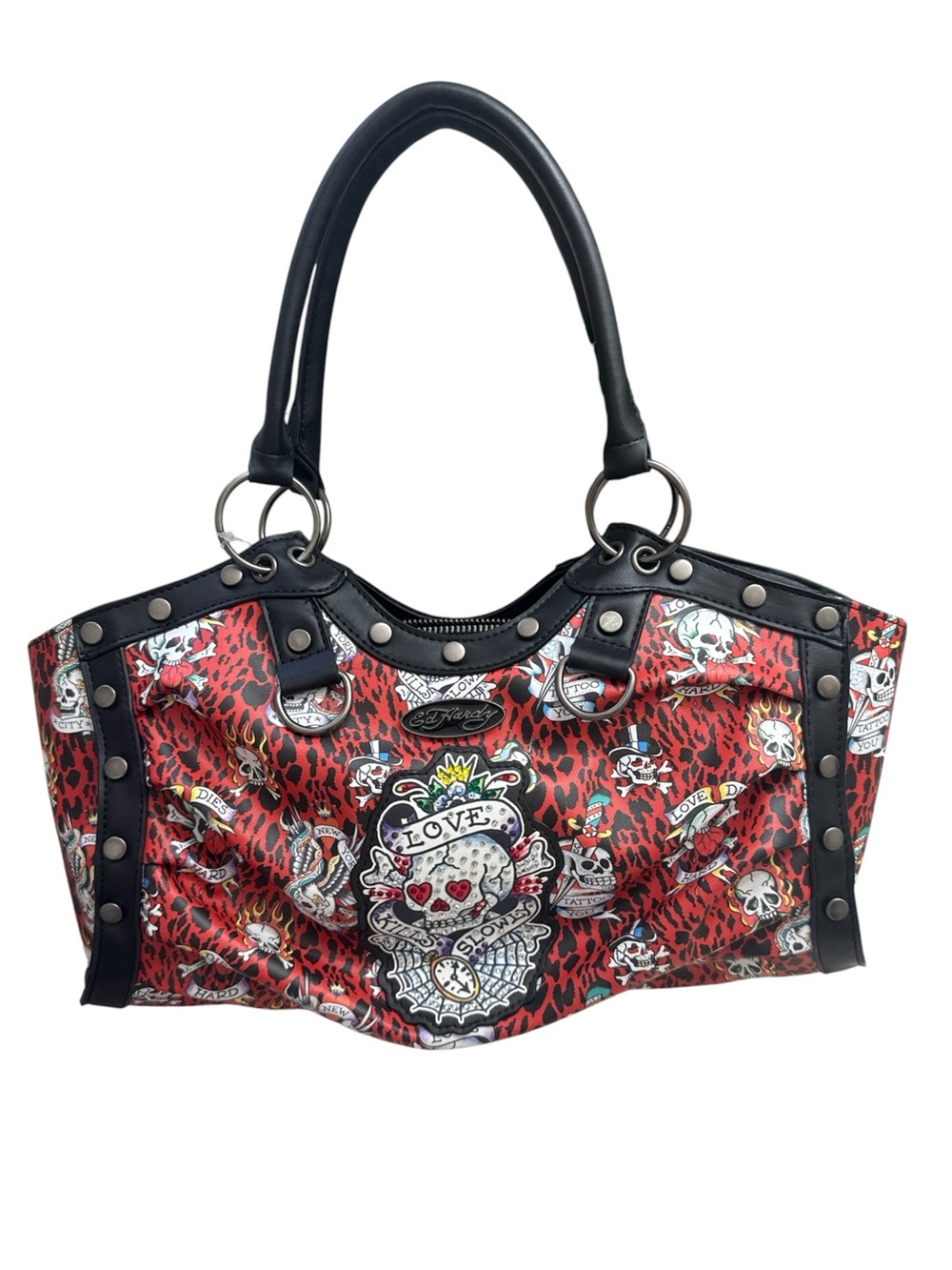 Ed Hardy Red Leopard Skull Shoulder Bag with Black Trim